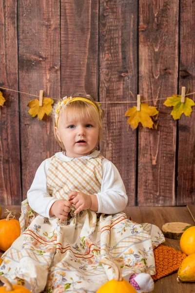 Little Cute Girl Orange Pumpkins Autumn Mood Halloween — Stock Photo, Image