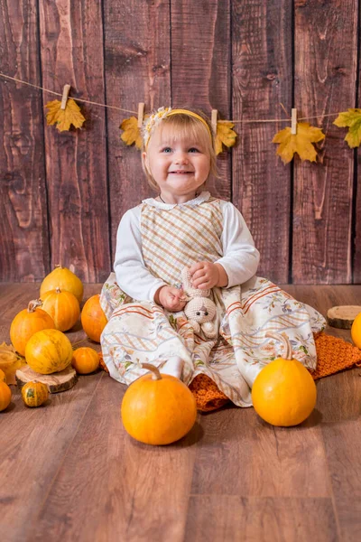 Little Cute Girl Orange Pumpkins Autumn Mood Halloween — 스톡 사진