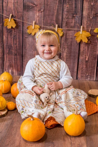 Little Cute Girl Orange Pumpkins Autumn Mood Halloween — Stock fotografie