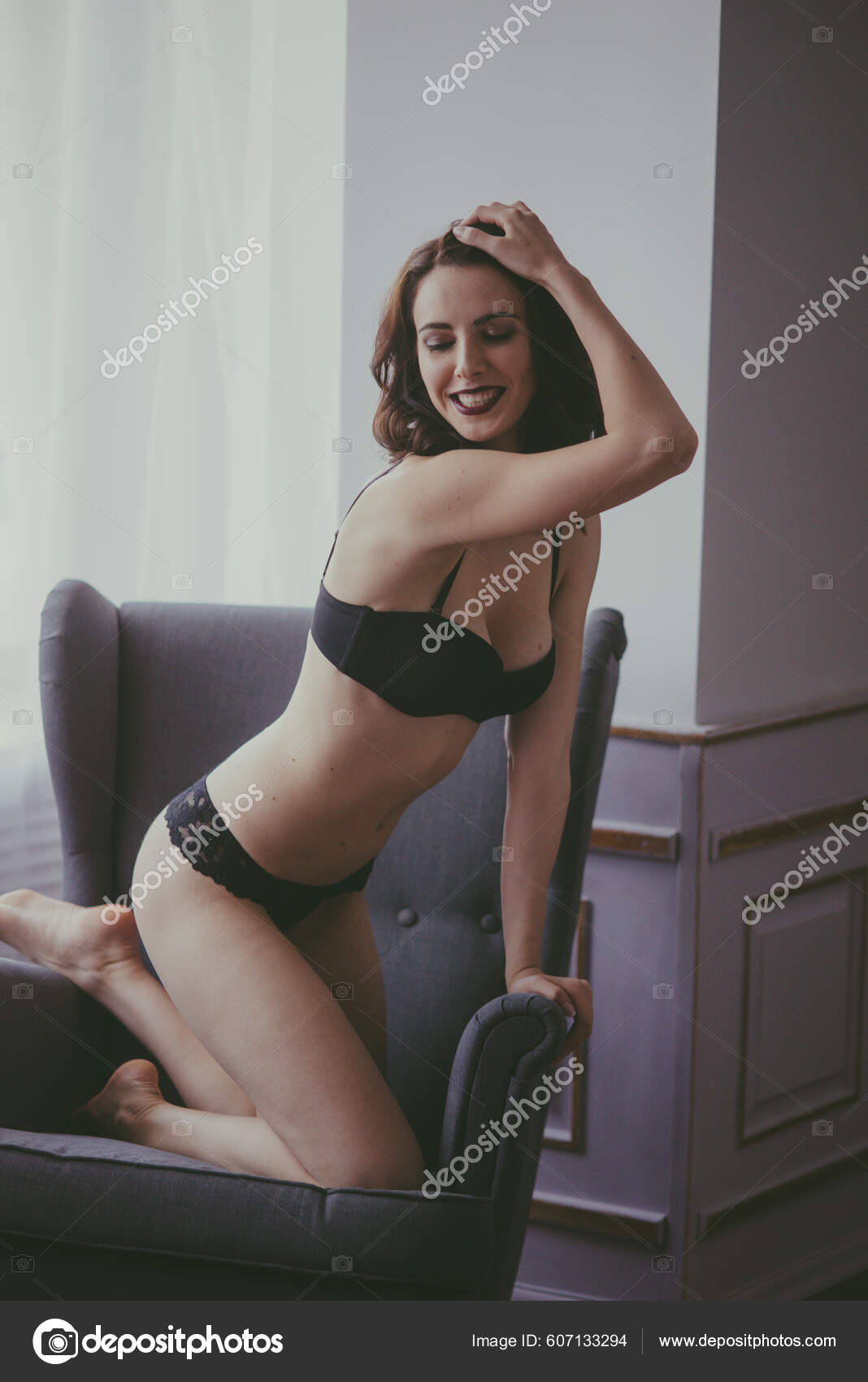Woman in Black Elegant Lingerie Bikini Underwear Thong on Bed