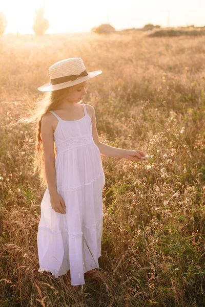 麦わら帽子をかぶった白いドレスを着た夕日の夏のフィールドでブロンドの長い髪を持つかわいい女の子 — ストック写真