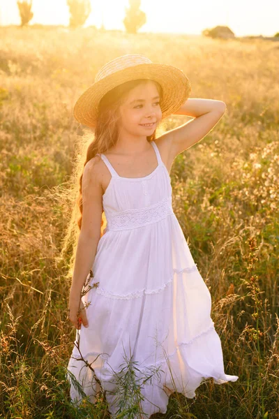 Schattig Klein Meisje Met Blond Lang Haar Een Zomer Veld — Stockfoto