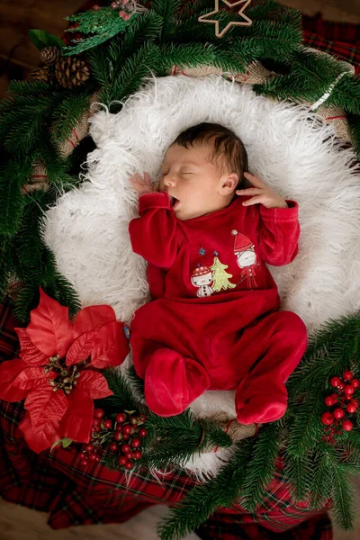 Cute Little Baby Red Suit Sleeping Christmas Decoration Christmas Mood — Stock Photo, Image