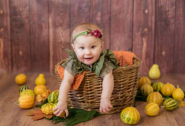 Little Cute Girl Green Dress Lace Flower Headband Orange Pumpkins — Stock Photo, Image