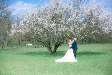 Gelin ve damat sarı uzun saçlı, bahar bahçesinde çiçek açan bir ağacın yanında beyaz elbiseli. Duygular ve duygular