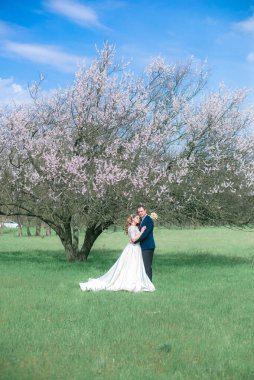 Gelin ve damat sarı uzun saçlı, bahar bahçesinde çiçek açan bir ağacın yanında beyaz elbiseli. Duygular ve duygular