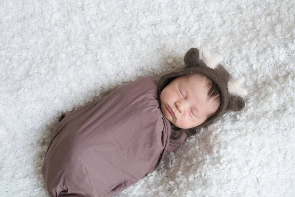 Cute Little Baby Knitted Hat Deer Horns Brown Blanket Sleeps — Stock Photo, Image