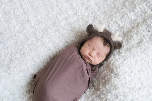 Cute Little Baby Knitted Hat Deer Horns Brown Blanket Sleeps — Stock Photo, Image