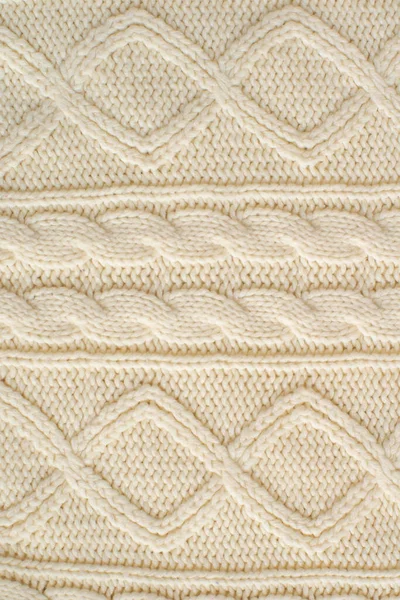 Strickpullover Aus Vollmilch Mit Flechtmuster Großaufnahme Gestrickte Textur Aus Naturwollgarn — Stockfoto