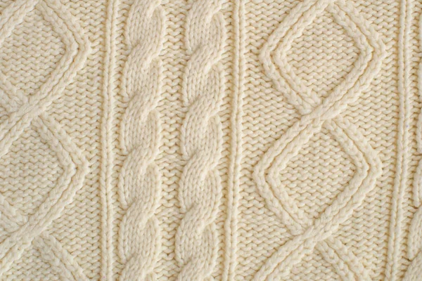 Camisola Leite Tricotado Com Padrão Tranças Close Textura Fio Natural — Fotografia de Stock