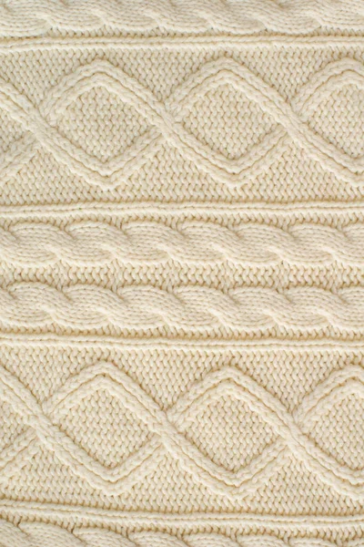 Camisola Leite Tricotado Com Padrão Tranças Close Textura Fio Natural — Fotografia de Stock