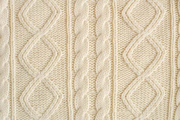 Knitted Milk Sweater Pattern Braids Close Knitted Natural Wool Yarn — Stock Photo, Image
