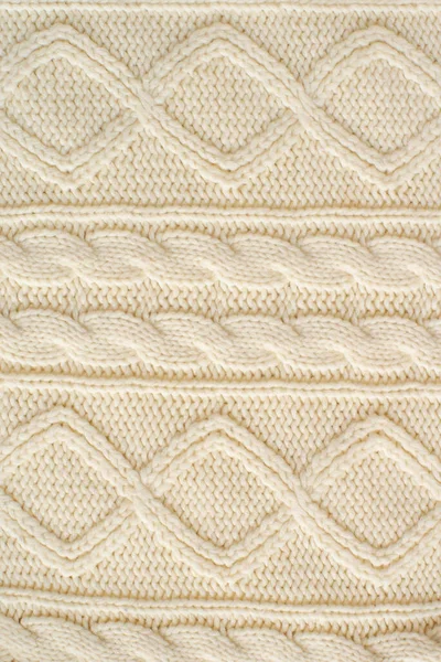 Knitted Milk Sweater Pattern Braids Close Knitted Natural Wool Yarn — Stock Photo, Image