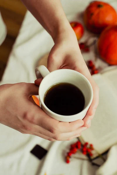 カボチャやリンゴや黄色の葉の秋の静物を背景にお茶を片手に 秋の気分 — ストック写真
