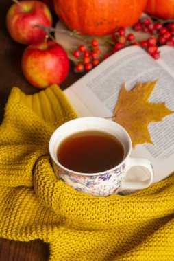 Bir fincan çay örtüsü örülmüş süveter kitabı sarı akçaağaç yaprakları ve balkabağı. Sonbahar havası. Sonbahar ev konforu