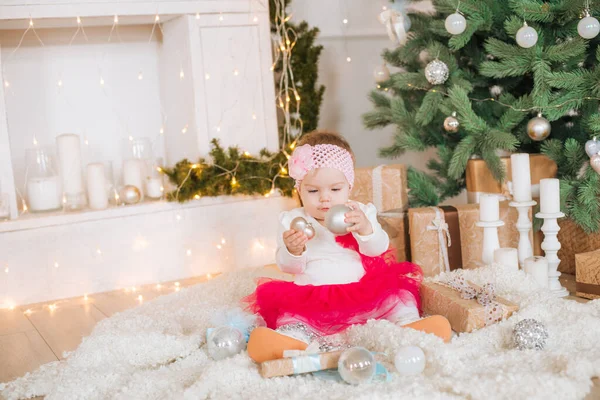 Little Girl One Year Old Airy Dress Room Decorated Christmas — Stock Photo, Image