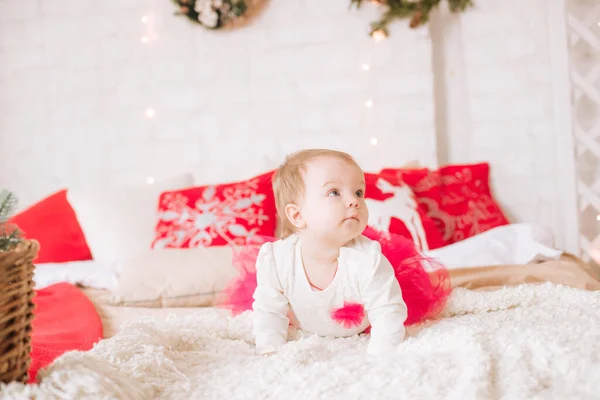 Little Girl One Year Old Airy Dress Large Bed Room — Stock Photo, Image