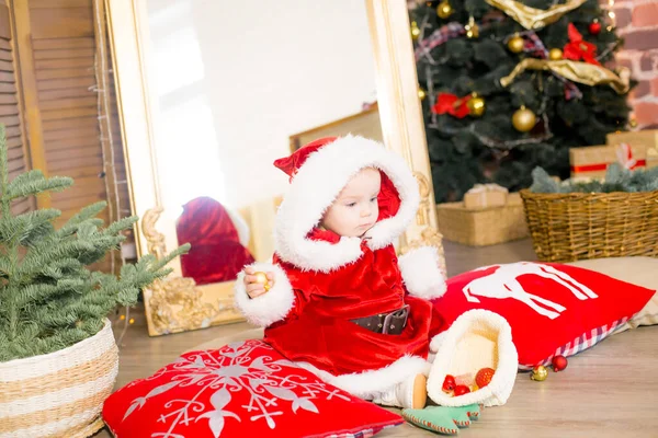 Little Girl One Year Old Dressed Santa Claus Room Decorated — Stock Photo, Image