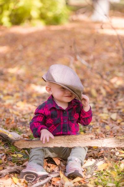 Mały Chłopiec Bawi Się Jesiennym Parku Żółtych Liściach Jesienny Nastrój — Zdjęcie stockowe