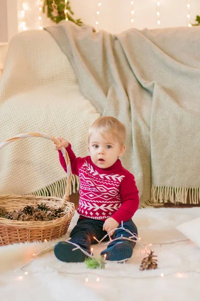Маленький Мальчик Плетеной Корзиной Еловыми Шишками Комнате Украшенной Рождество Рождественское — стоковое фото