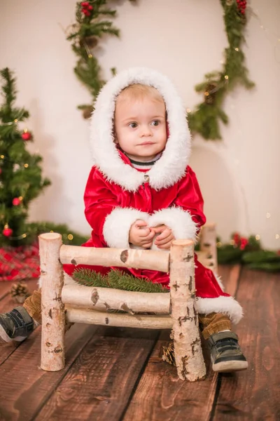 Little Cute Boy Dressed Santa Claus Room Decorated Christmas Christmas — Stock Photo, Image