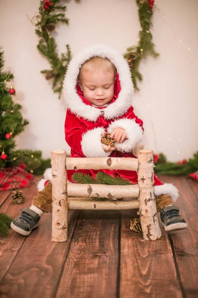 Little Cute Boy Dressed Santa Claus Room Decorated Christmas Christmas — Stock Photo, Image