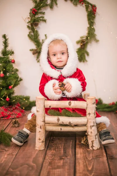 Little Cute Boy Dressed Santa Claus Room Decorated Christmas Christmas — Stock Photo, Image