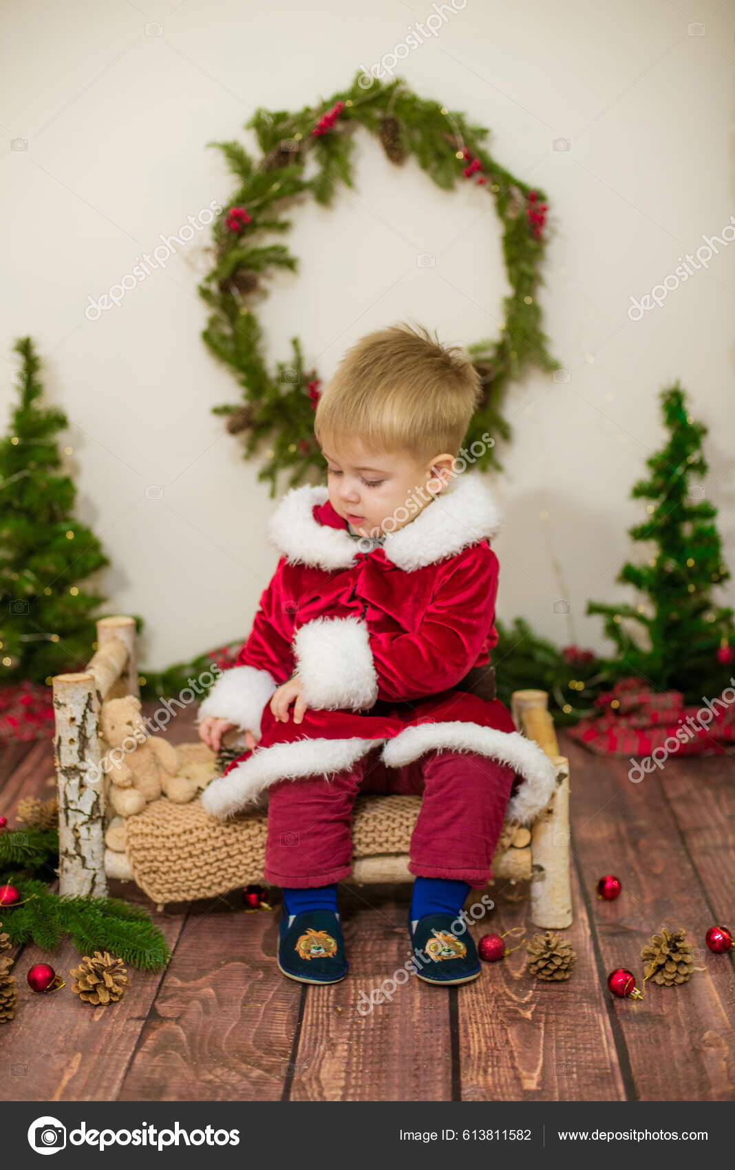 Little Cute Boy Dressed Santa Claus Room Decorated Christmas