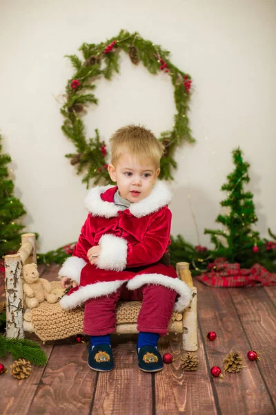 Little Cute Boy Dressed Santa Claus Room Decorated Christmas Christmas — Stock Photo, Image