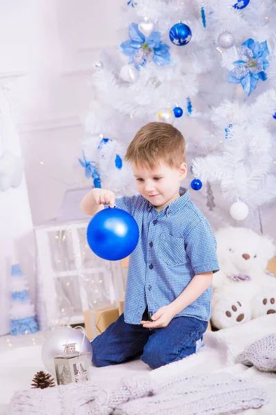 Cute Boy Blue Shirt White Christmas Tree Room Decorated Christmas — Stock Photo, Image
