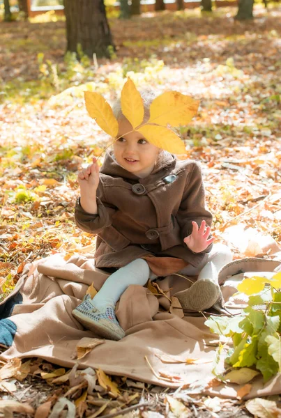 Little Cute Girl Brown Autumn Coat Sunny Autumn Park Yellow — Stock Photo, Image