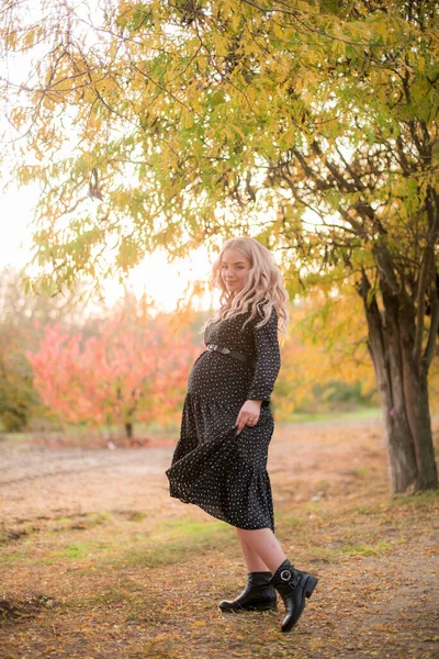 Piękna Młoda Ciężarna Kobieta Długimi Blond Włosami Jesiennym Parku Słoneczną — Zdjęcie stockowe