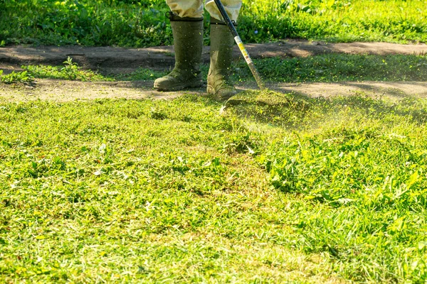 Corte Cabelo Gramado Homem Envolvido Trabalho Pátio Foto Natureza Para — Fotografia de Stock