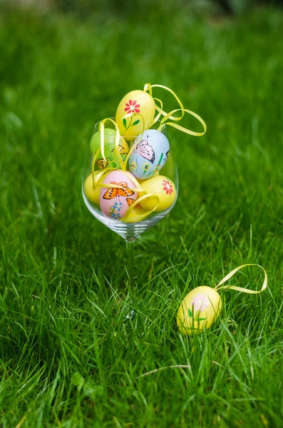 Painted easter eggs in glass on green grass — Stock fotografie