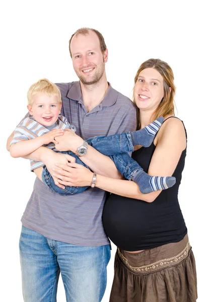 Familia feliz con la madre embarazada jugando aislado — Foto de Stock