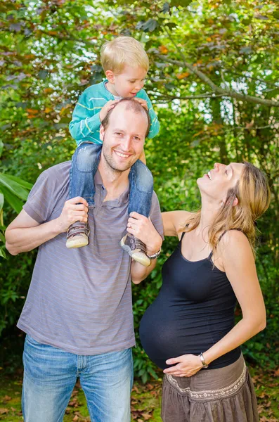 Mooie en gelukkige familie met zwangere moeder in het park — Stockfoto