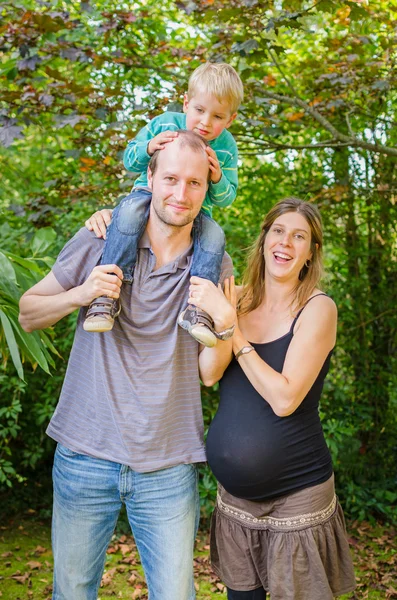 Mooie en gelukkige familie met zwangere moeder in het park — Stockfoto