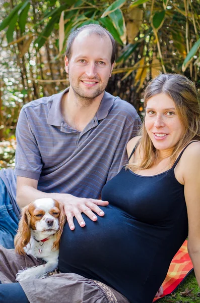 Glückliche Familie mit Hund und schwangerer Mutter im Park — Stockfoto