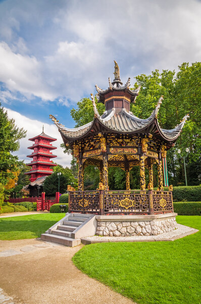 Chinese garden house and tower in Brussels, Belgium