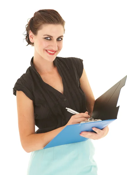 Businesswoman with a blue folder in hands — Stock Photo, Image