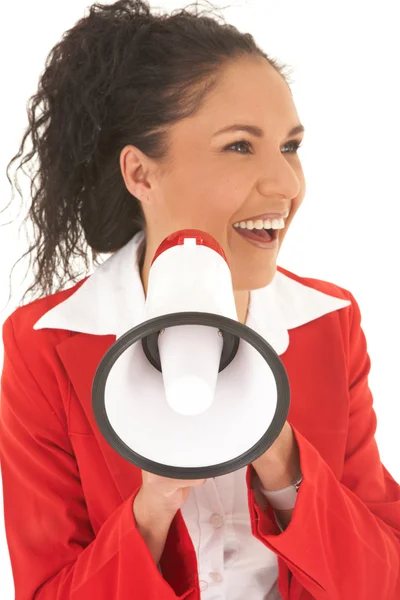Jovem mulher de negócios caucasiana adulta falando através de um megafone — Fotografia de Stock
