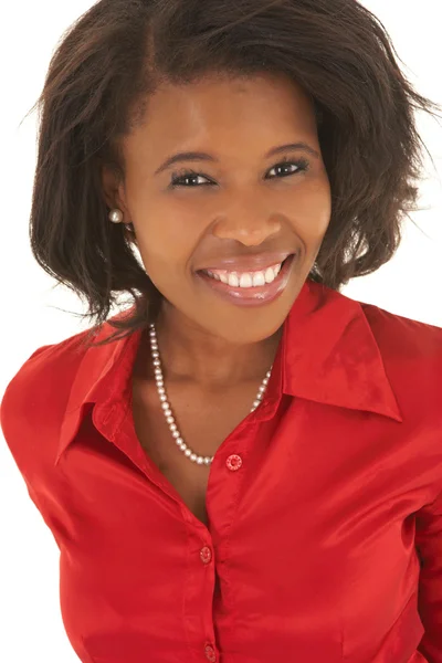 Retrato de uma bela jovem mulher de negócios africana em fundo branco — Fotografia de Stock