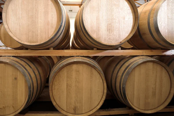 Barris empilhados de carvalho para amadurecer vinho tinto e conhaque em uma adega de refrigeração — Fotografia de Stock