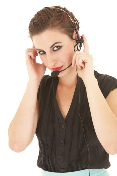 Pengusaha wanita memakai headset telepon — Stok Foto