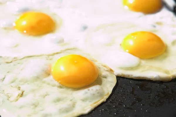 Fresh eggs being fried sunny side up on a large frying pan — Stock Photo, Image