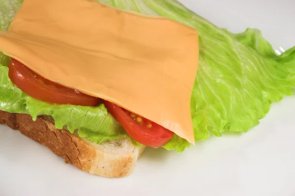 Sanduíche de presunto, queijo, tomate e alface num prato branco — Fotografia de Stock