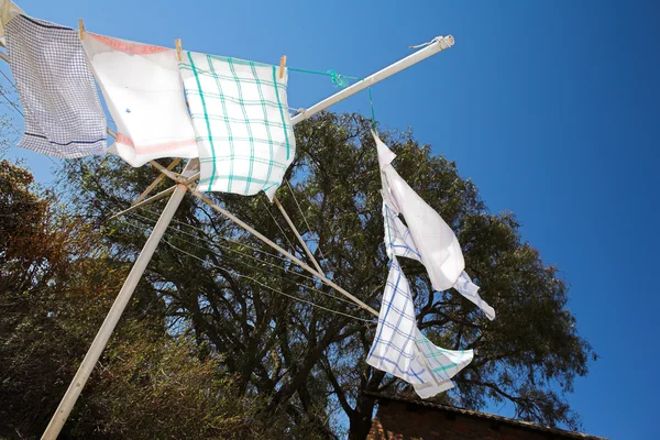 Toallas de té en la línea de lavado, soplando en el viento — Foto de Stock