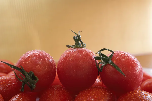 Alguns tomates cereja vermelhos frescos com gotas de água — Fotografia de Stock