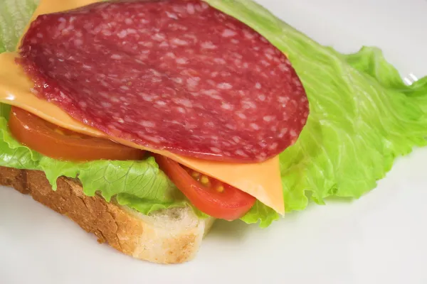 Salami, ser, pomidorów i sałaty kanapkę — Zdjęcie stockowe