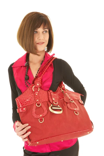 赤い革製バッグのセクシーな若い成人白人実業家 — ストック写真